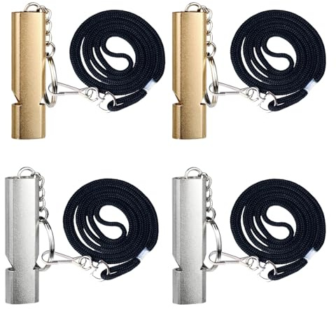 DALAETUS 4 Pezzi Doppio Tubo Metallo Fischietto Emergenza Set, Forte Fischietto Arbitro con Portachiavi e Cordino, Outdoor Fischietto di Sopravvivenza per Calcio, Canottaggio, Campeggio (Oro+Argento)