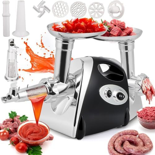 Picadora de carne eléctrica, embutidora de salchichas de acero inoxidable, máquina para hacer salsa de tomate, picadora de carne con 3 platos, tubos para embutir salchichas y kit Kubbe para uso