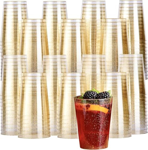 Matana - 150 Bicchieri di Plastica Rigida Lavabili con Glitter Dorati (285ml / 10oz) - Bicchieri Oro, Bicchieri di Plastica Dura Riutilizzabili per Bevande, Cocktail, Dessert, Feste