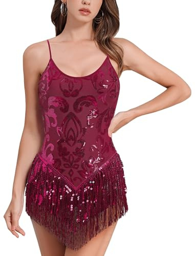 IMEKIS Women Sequins Fringe Tassel Bodysuit Latin Dance Cami Leotard Music Festival Party Dancewear Nightclub Costume Halloween Carnival Rave Outfit Burgundy M