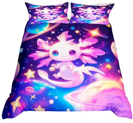 Homewish Axolotl - Juego de funda de edredón individual para niños y niñas, galaxia, planeta, espacio, diseño de dibujos animados, color morado