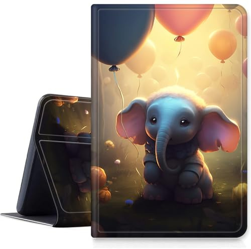 DIGTIALL Fodral för Kindle Paperwhite 12:e generationen 2024 (7 tum) och Kindle Colorsoft Signature Edition (7 tum) PU-läderstativ stöttåligt skyddande fodral med automatisk sov/vakna, söt elefant