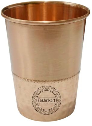 Fashnkart Verres en cuivre pur pour eau potable, santé ayurvédique, gobelets en cuivre pur, 10,14 oz, 300 ml (demi-martelés) (1 Pcs)