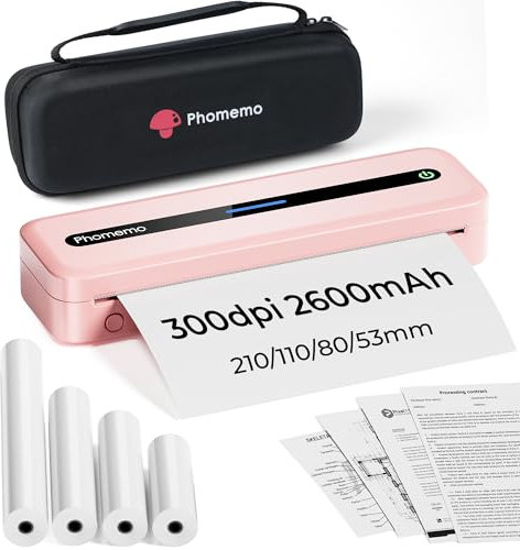 Phomemo M832 Thermodrucker A4, Tragbarer Drucker Kompatibel mit Phone und Laptop, Mobiler Drucker A4 für Unterwegs, Büro, Schule, Zuhause, mit Tragetasche und 4 Rollen Thermopapier, Rosa