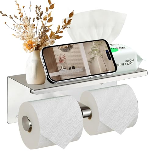 Portarotolo di carta igienica da parete in acciaio inox con mensola, resistente, doppio rotolo organizer da bagno per piccoli spazi e camper