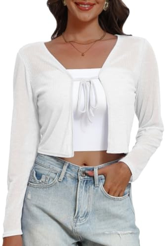 PrinStory Shrugs For Women Casual Lightweight Tie Front Shrugs Long Sleeve Summer Cardigans Soft Crop Top