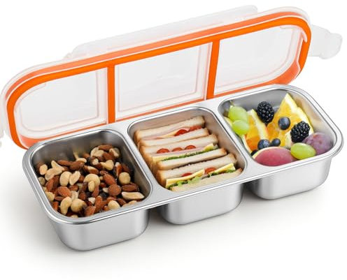 Yamobi Bento-Snack-Behälter mit auslaufsicheren Deckeln, 3 Fächern Snackbox mit Fächern,wiederverwendbar, Edelstahl, Lebensmittelaufbewahrung, Lunchbox, Snackbox