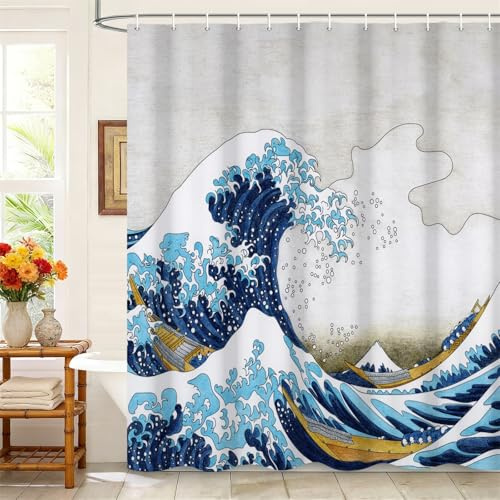 Kzzfqxb 180x200cm Shower Curtains with Plastic Hooks, Japanese Style Ukiyoe Art Hokusai Boats in The Great Wave Waterproof Polyester Fabric for Bathtub, Oriental Painting Decoration for Bathroom