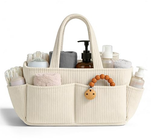 Indrnif Panier à langer en velours côtelé pour table à langer, organiseur de couches pour bébé avec compartiments interchangeables, panier de rangement élégant pour chambre d'enfant (Blanc cassé)