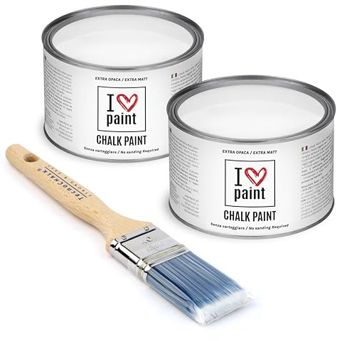 I Love Chalk Paint Bianco Gesso – Set Risparmio 2 Barattoli + Pennello – 750 ml totali – Vernice Effetto Gesso per Mobili – Chalk Paint Pittura Tutto Senza Carteggiare