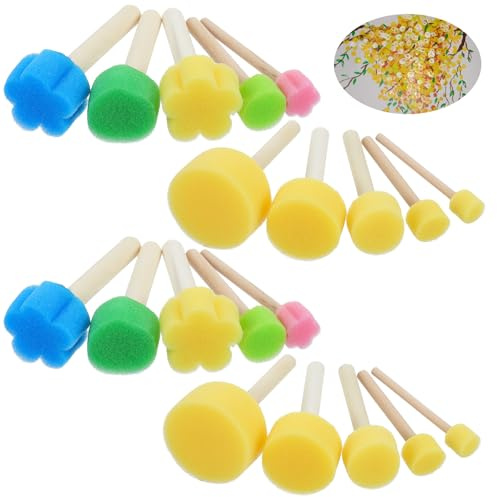Guduling 20 Pcs Painting Sponges for Kids,Paint Sponges of Different Sizes and Patterns,with Wooden Handle Ideal for Kids, Beginners, DIY Crafters