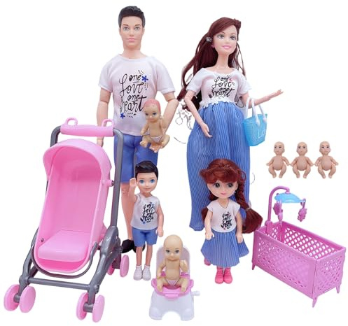 Porgeel Familj Doll Set Säker Gravida Dockor Med Pappa Och 3 Barn 5 Personer Med Fake DIY Hustillbehör Leksak För Barn Leksak