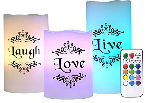 Eldnacele Multicolor Flameless Live Love Laugh Candles Real Wax Battery Operated Electric LED Color Changing Candle Lights with Remote Control for Home Easter Christmas Decoration, Set of 3