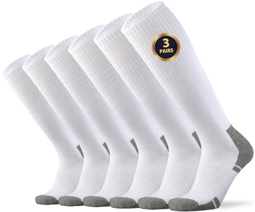 Ortis Cotton Full Cushion Over the Calf Socks OTC Knee High Thick Moisture Wicking Breathable Work Boot Thermal Warm(WhiteGrey XL)