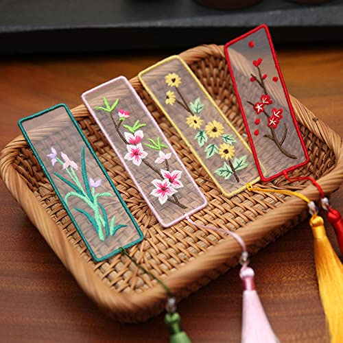 Namvo - Juego de 4 marcapáginas de Punto de Cruz con Aros de Bordado de 16,5 cm, marcapáginas de Flores, Bordado Artesanal, borlas, Marcas de Libros, Punto de Cruz, Regalos de Arte