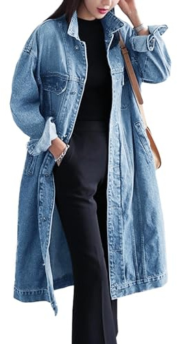 Jofemuho Klassisk lång jeansjacka för kvinnor, plusstorlek, löst snitt, långärmad, button-down-jeansjacka, trenchcoat, Ljusblå 1, M
