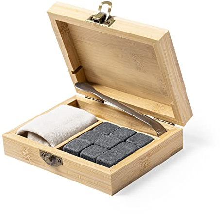 4P RETAIL - Set de 9 Cubitos de Hielo Reutilizables en Estuche de Bambú| Fabricado en Piedra Natural | Mantiene la Bebida Fría sin alterar el Sabor
