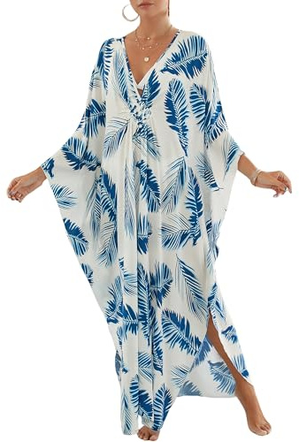 Bsubseach Long Half Sleeve Kaftan for Women Plus Size V Neck Swimsuit Coverups Summer Beach Dress Blue leaves