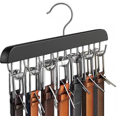 Gürtelhalter Kleiderschrank,1 Packung Gürtel Aufbewahrung 360°Drehbar Holz Krawattenhalter Gürtelbügel mit 14 Haken Kleiderbügel Haken für Schals,Krawatten,Gürtel,Schrank-Organizer