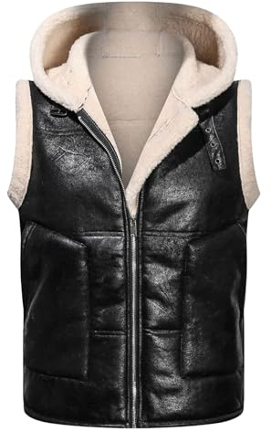 Duohropke Chaleco de piel de cordero para hombre, primavera y verano, chaqueta de cuero, chaleco para exteriores, con capucha, cuello alto, cuello alto, chaleco térmico, sin mangas, chaleco de
