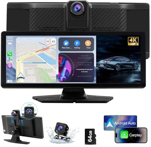 Muiefe Wireless Carplay Screen with 4K Dash Cam+1080P Backup Camera, 9.26 Touchscreen Portable Car Video Player for Apple Carplay & Android Auto with Navigation/Mirror Link/Voice Control/Bluetooth/FM