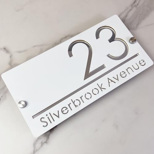 Placa de número de casa al aire libre, Diseño suspendido placa de número de casa personalizada, letrero de nombre de calle 3D cortado con láser acrílico moderno (blanca&plata)