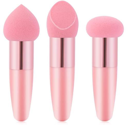 Oruola 3 Pcs Pink Foundation Applicator,Different Shapes of Makeup Applicator Sponge,Multipurpose Mushroom Powders Puff Dry & Wet Use for Powder Cream