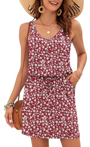 AUSELILY Robe d'été Femme Bretelles Spaghetti Mini,Cordon Taille et Poches | Robe Sans Manches à Bretelles,Col V,Taille à Cordon élastique,Tissu Doux Respirant,Parfaite Pour Vacances Plage Ou Quotidien