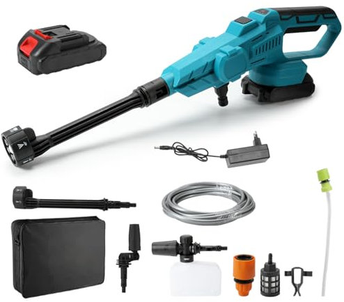 Limpiador de alta presión inalámbrico de 21 V, motor sin escobillas de 200 bares y boquilla 6 en 1, pistola de alta presión portátil, funciona con pilas, para coche, jardín, terraza (1 batería)