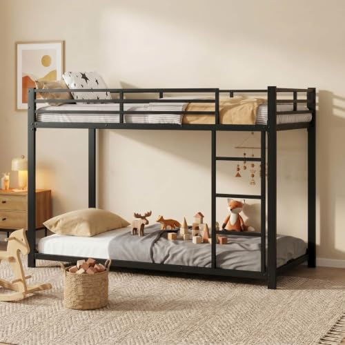 YEHTOKHOME Lit superposé en métal 90 x 200 cm avec échelle et Garde-Corps,Moderne lit pour Adolescent avec sommier à Lattes métalliques(sans Matelas) (Noir)