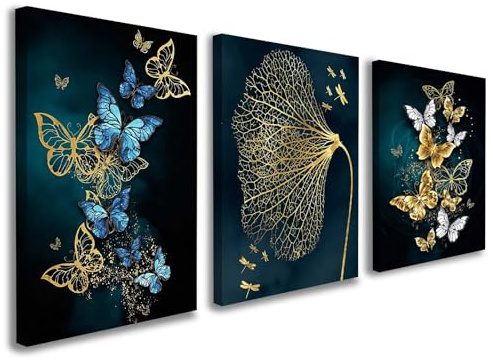 Galmcook Set of 3 Framed Canvas Wall Art 12x16 Inch Each Butterfly and Leaf Painting Modern Wall Decoration for Living Room Bedroom Hallway and Stairs Artwork Wall Pictures with Hooks and Magic Tape