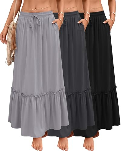 Ficerd Pack de 3 Faldas Maxi Boho para Mujer, Falda Larga de Capas con Volantes, Cintura Alta con Cordón, Vestido Casual con Bolsillos