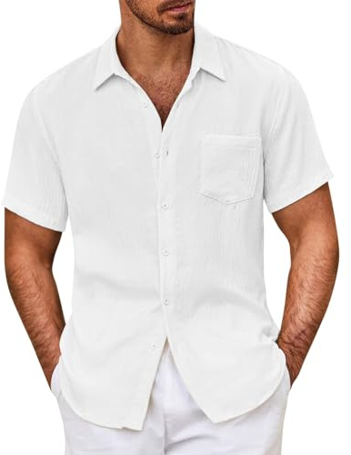 Camisas de lino de manga corta para hombre, camisa casual con botones y bolsillo para verano, playa, casual, con botones, de manga corta, cuello abatible, para uso diario, blanco, 4XL