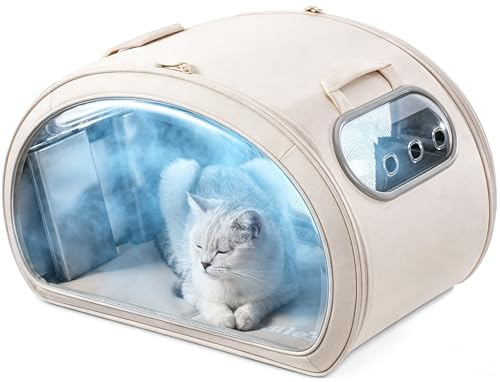 pecute Kylhus för katter, hundhus med kylmatta, kattsäng för inomhus med isolering och 6 inbyggda ispåsar, vikbar transparent katthus för små och medelstora husdjur under 6 kg, beige