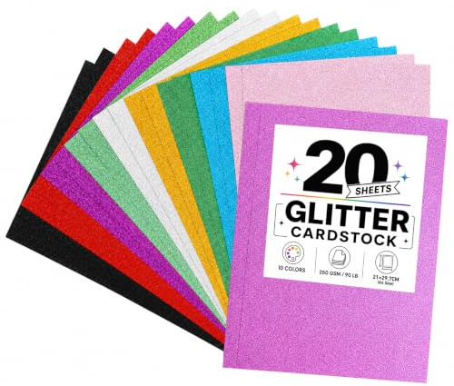 Qufiiry Coloured Card A4, 20 Sheets in 10 Colors, 250gsm Glitter Cardstock, Sparkle Shiny Cards for Card Making, Kids Crafts, Party Decor, Invitations, Gift Wrapping, Scrapbooking, DIY Projects