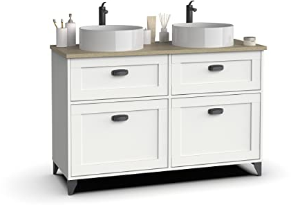 Muebles Pitarch | Mobile da bagno doppio, larghezza 120cm, con piedi, 2 cassetti a chiusura lenta, 2 porte, per lavabi da appoggio, Bianco e Rovere Cambrian, stile Vintage, modello Toscana