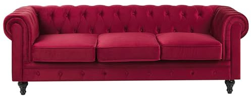Sofá 3 plazas Chesterfield tapizado en tela de terciopelo rojo patas de madera oscura estilo contemporáneo Chesterfield