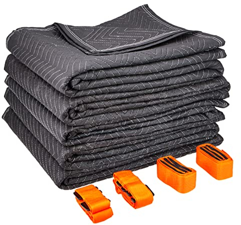 Kortpack Set von 5 Umzugsfirmenqualität Möbelpackdecken ca 520g/m² - Schwarz, 183x203cm + 1 x Gratis Tragegurte Umzug Transportgurt