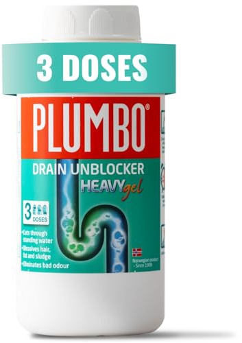 Drain Unblocker 3 Doses Heavy Duty Gel Formula – Dissolves Hair, Grease & Waste – Odour Remover, Gentle on Pipes by Plumbo