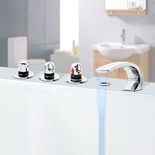 Brass Chromed Cartridge Thermostatic Bath Waterfall Inlet Tap Mixer Faucet for Bathtub Handle Shower and Massage Bathtub, Auto-Thermostat Control, Split Triple Handle (5 Piece Set)