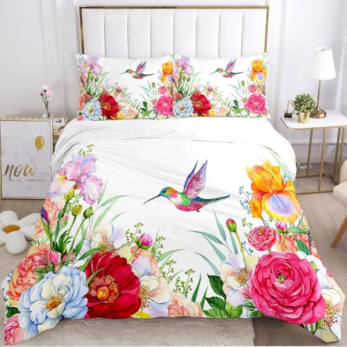 Ropa de Cama de 220 x 240 cm diseño de pájaros y Flores, Juegos de Ropa de Cama de Microfibra con Cremallera, Suave, Agradable y Transpirable (Flores-4, 220 x 240 cm)