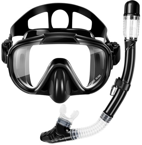 Snorkel Set, Zipoute Snorkel Dry Top Snorkeling Gear for Kids, Panoramic Anti-Leak and Anti-Fog Tempered Glass Lens, Kids Adjustable Snorkeling Set, Scuba Diving Swimming Training Snorkel Kit