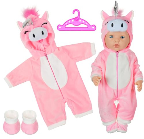 Aolso Dockkläder, 35–45 cm, klänning med kappa, dockstrumpor, outfit, dockkläder för nyfödd, babydocka, pyjamas med huva (rosa enhörning)