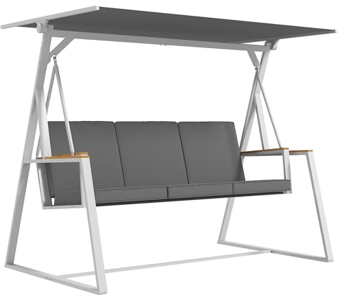 Outsunny Dondolo 3 Posti con Tettuccio Inclinabile e Cuscini, Dondolo da Giardino in Acciaio con Seduta Traspirante, 205x130x175 cm, Grigio Scuro