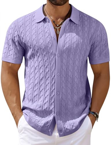 COOFANDY Chemise en tricot à manches courtes boutonnée vintage pour homme, polo décontracté pour la plage, les vacances