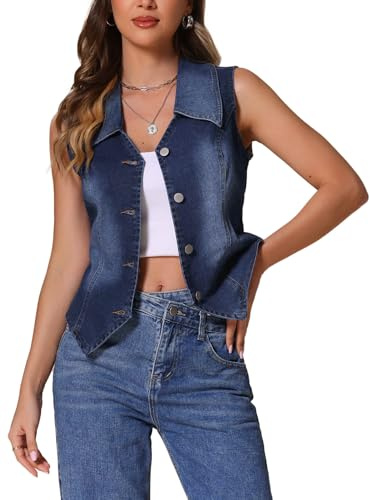 Allegra K Gilet en Jean femme Blouson sans Manches en Denim Délavé Veste Bouonné à Col en V Bleu Profond S