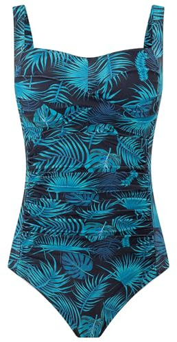 Aidotop Womens One Piece Swimsuit Tummy Control with Ruched Monokinis Tribal Swimsuits (26Blue Leaves,XL)