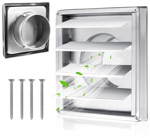 Rejilla de ventilación de acero inoxidable, 150 mm, con válvula antirretorno, rejilla de protección contra insectos, láminas móviles para tubo VMC y cubierta, extractor exterior con junta de caucho