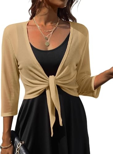 PrinStory Shrugs For Women Summer Tie Front Shrug Cardigans Breathable 3/4 Sleeve Stripes Top Ladies Open Front Beach Outerwear (Light Coffee,M)