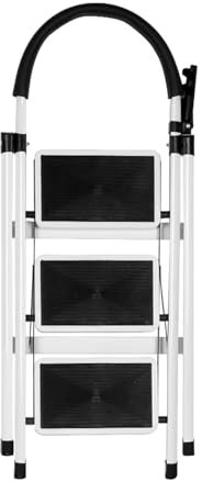 Escabeau 3 Marches, Escabeaux Pliant avec Marchepied Antidérapant et Large, Petit Marche Pied avec Poignée, Escabeaux en Acier Robuste, Léger et Portable-104 x 57 x 41,5 cm - 3 marches (Blanc)